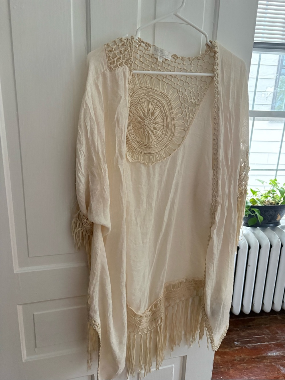 Cream Crochet Fringed Boho Kimono Cover-Up